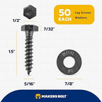 5/16 x 1-1/2 (50 Pack) Lag Screw Kit, 50 Screws and 50 Washers, Ceramic Black Ruspert Coating for Exterior Use, Meets ASTM A307 and ASME B18.2.1, Industrial/Commerical Grade by Makers Bolt