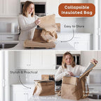 Reusable Insulated Grocery Bag - Canvas, Leak Proof, X Large Cooler Bag, Insulated Shopping Bags for Groceries, Travel Cooler Bag for Frozen and Hot Food with Zippered Top (Cream Brown)