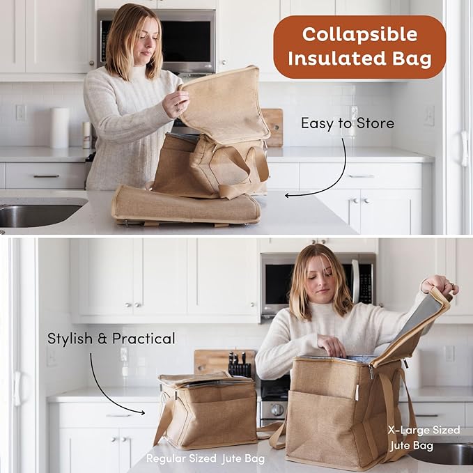 Nook Theory Reusable Insulated Grocery Bag - Leak Proof, X Large Cooler Bag - Insulated Shopping Bags for Groceries - Travel Cooler Bag for Frozen and Hot Food with Zippered Top (Caramel Cream)