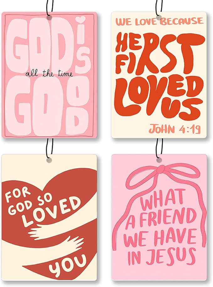 Preppy Pink Christian Bible Car Air Freshener 4 Pcs - Coquette Bow Christian Bible John 4:19 Air Freshener Hanging Decor for Cars Closet Drawer Books, Girly Car Accessories Mirror Decor for Women