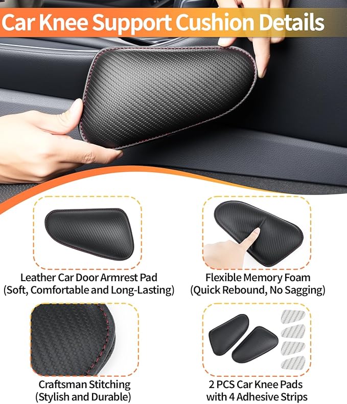 2PCS Car Knee Cushion Pad,Door Armrest Pad with Memory Foam for Knee Leg Elbow,Knife-Shaped Car Armrest Cushion with Full Coverage Velcro,Automotive Interior Accessories(Carbon Fiber)
