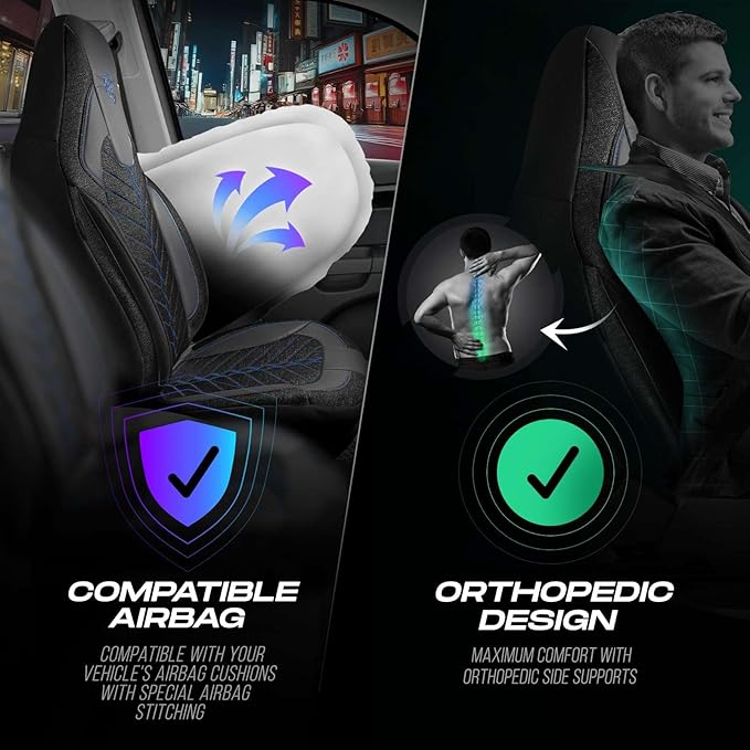 Premium Car Seat Covers Front Seat - Linen Car Seat Cover for SUV, Cars, Most Pickups, Black-Blue Stitching, Car Seat Protector, Car Seat Covers Front Seats, Car Seat Protector
