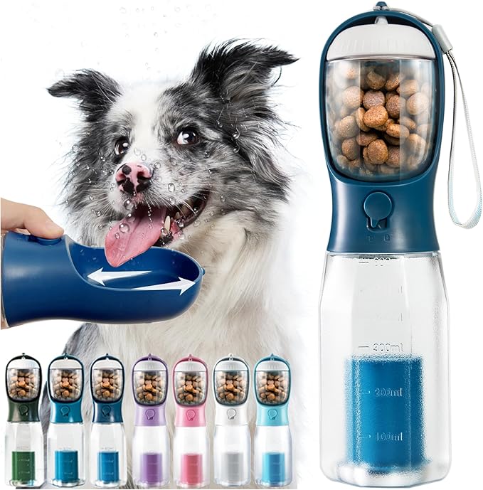 Portable Water Bottle for Dogs, 3 in 1 Pet Travel Bowl Dispenser with Food Treat Container & Poop Bag Holder, Summer Walking Hiking Accessories for Large Dog On The Go - Darkblue, 20oz