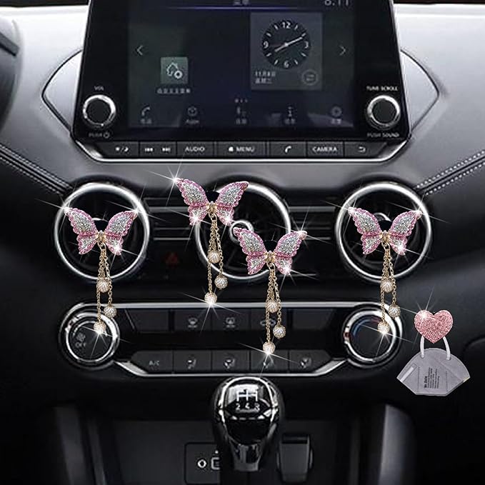Pink Butterfly Air Vent Clips, 4 Pcs Bling Butterfly Air Fresheners Vents Clips Diamond Car Interior Decor Bling Cute Car Accessories Decoration for Women+ Heart Mask Hook