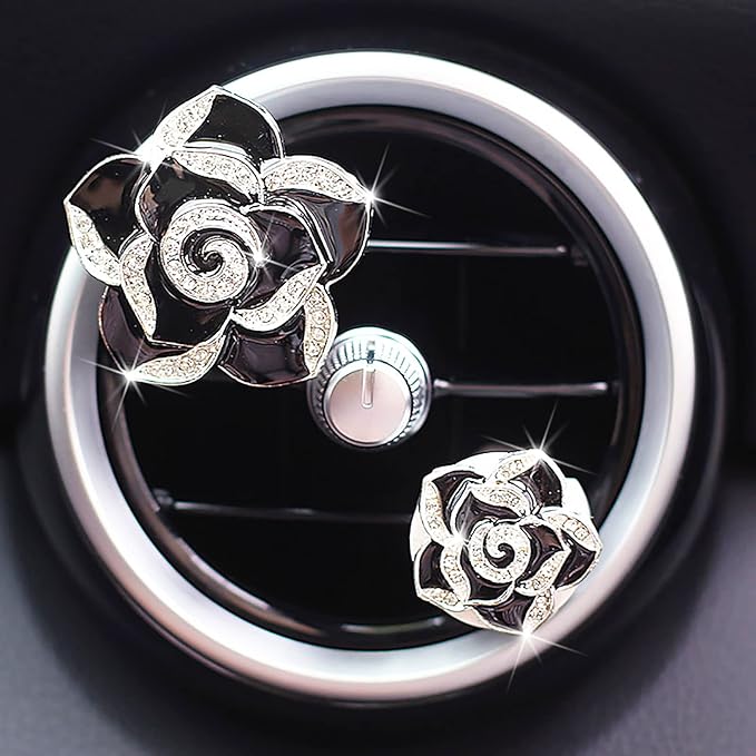 2 Pcs Camellia Air Vent Clips, Cute Flower Car Air Freshener Clip, Bling SUV Outlet Decorations, Crystal Rose Vent Diffuser, Charm Car Inter Decor Accessories for Women Girls
