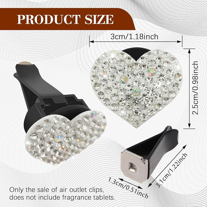 2PCS Heart-Shaped Car Vent Clip with Rhinestone, Car Vent Accessory, Bling Heart Charm Air Conditioning Outlet Clip, Auto Diffuser Air Freshener Charm for Women Girls (White, Heart)