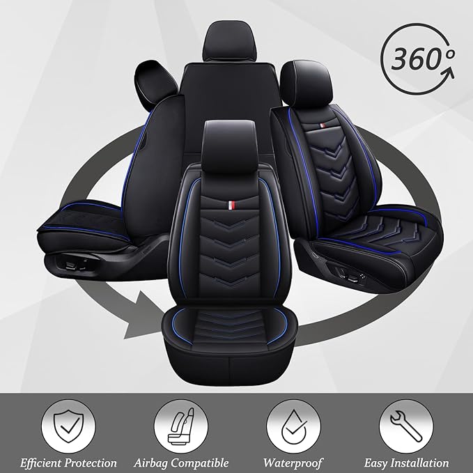 Car Seat Cover 7 Seats for Ford Explorer 2000-2025, Waterproof Durable Compatible Airbag, Premium Leather Seat Protector(7 Seats Standard,Black Blue)