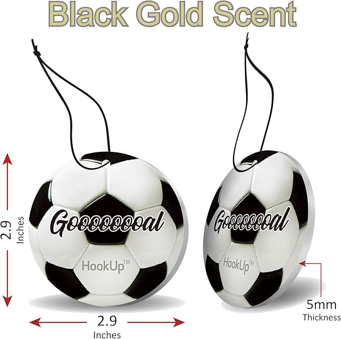 Soccer Car Air Freshener by HookUp - 50 Pack - Black Gold Scent (Extra Strong) | Unique Soccer Gift for Players, Coach, Fans | Hanging Car Accessory with Long Lasting Fresheners Smell