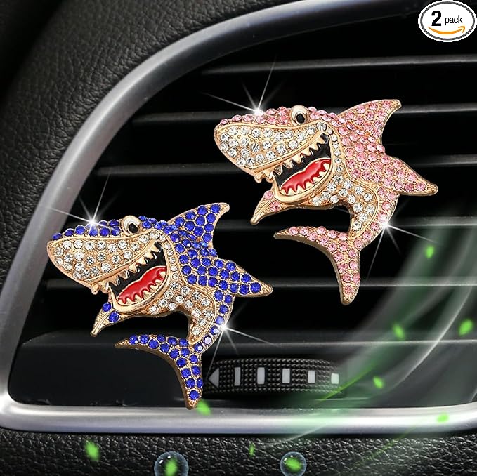 Generic 2 PCS Bling Rhinestone Sharks Car Air Vent Clips Cute Marine Animals Car Air Freshener Clip Air Conditioning Outlet Clip Funny Car Interior Decoration Accessories for Women Men (Pink Blue)