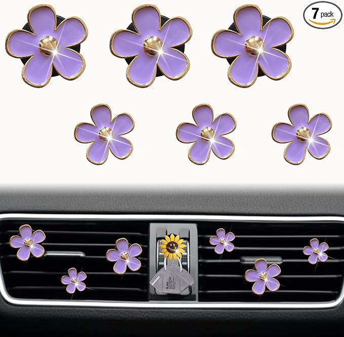 6 Pcs Daisy Air Vent Clips, Cute Flower Air Conditioning Outlet Clip Car Air Fresheners Vent Clips Car Interior Decor Charm Decoration Cute Accessories for Women Girls + Mask Hook(Purple)