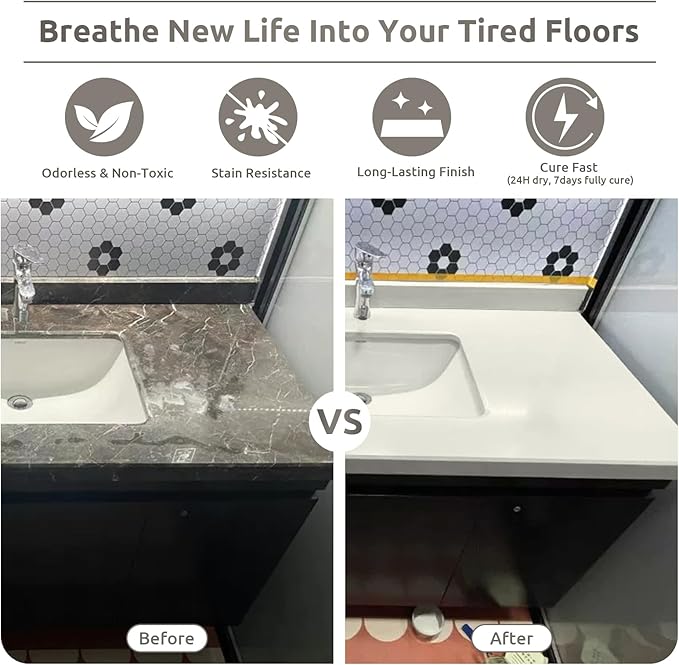 All-In-One Interior Floor Coating Kit, Water-based & Low Odor One-Step Floor Paint, High Hardness Waterproof Paint for Ceramic, Porcelain, Fiberglass, Hardwood, Laminate, Vinyl, 35OZ, Cream
