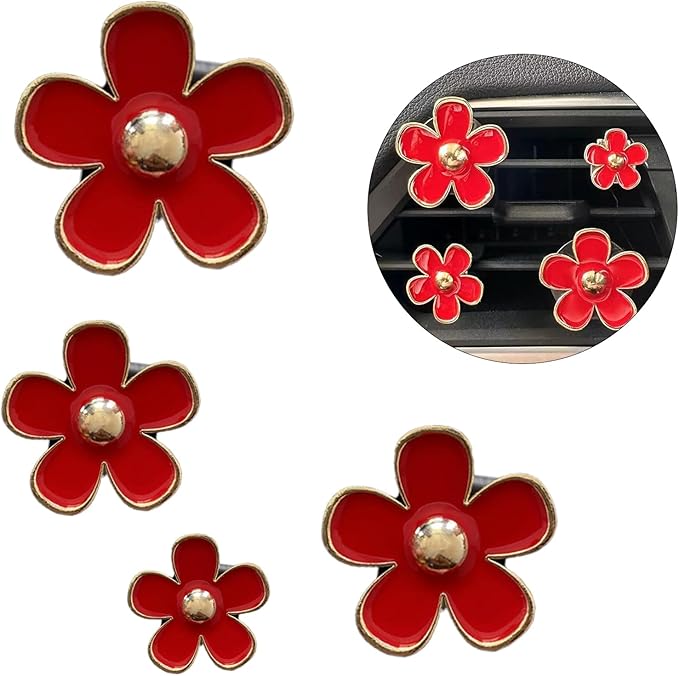 4PCS Daisy Flower Air Vent Clip Air Conditioning Outlet Clip Car Air Freshener Clip Car Interior Decor Charm Colorful Car Interior Accessories for Girls Women(Red)