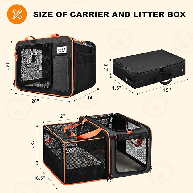 20 x 14 x 14 Expandable car Travel Carrier for 1 Small-Medium cat,with a Portable Leakproof Litter Box