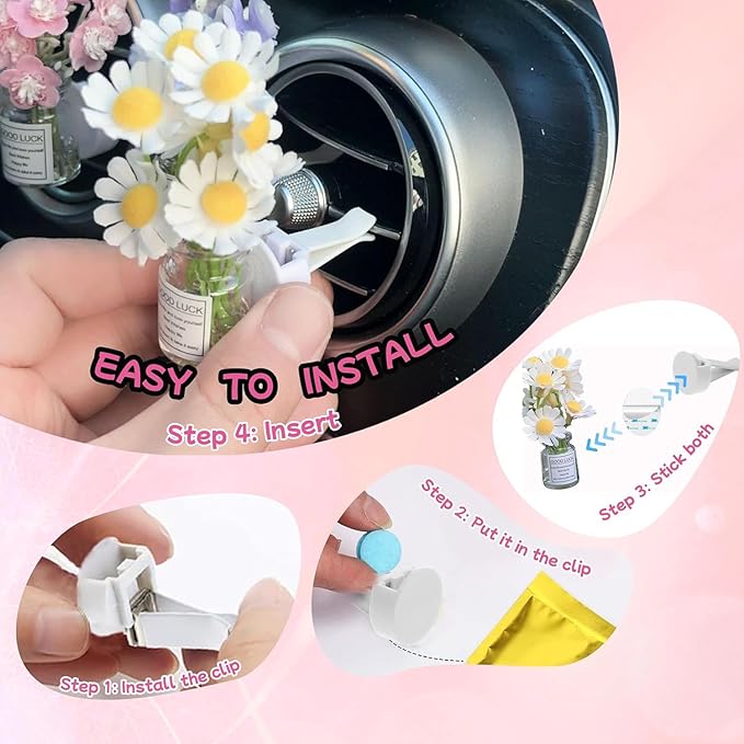 3 Packs Girl Girly Car Accessories for Women, Cute Car Decor Dashboard Decorations, Cute Flower Air Freshener Vent Clips, Auto Interior Dash Ornament Accessories