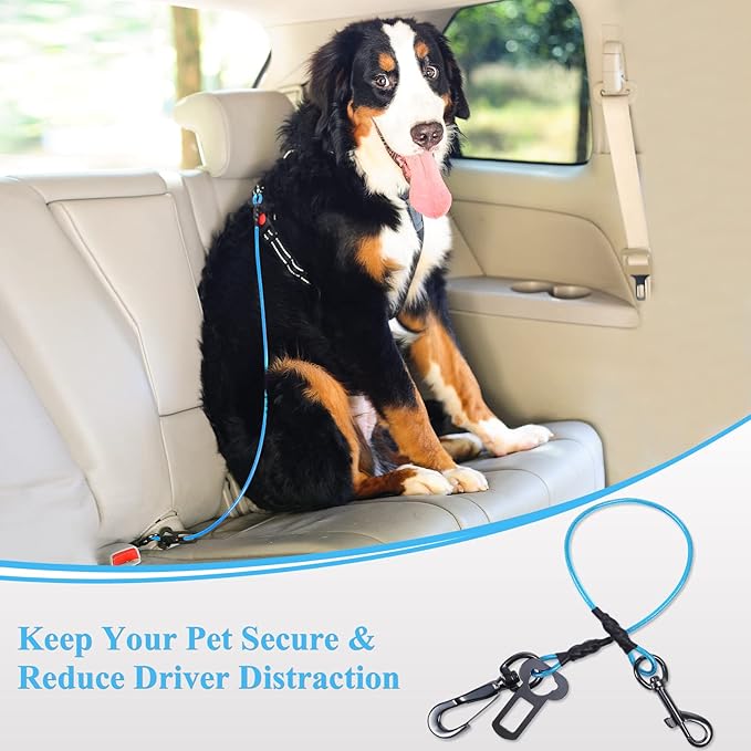 VIVAGLORY Dog Seat Belt Tuffbelt Dog Car Harness, Seatbelt with Clip & Hook for Car Travel, Chew Proof Anti Chew Unchewable Metal Safety Tether Restraint, M, Blue