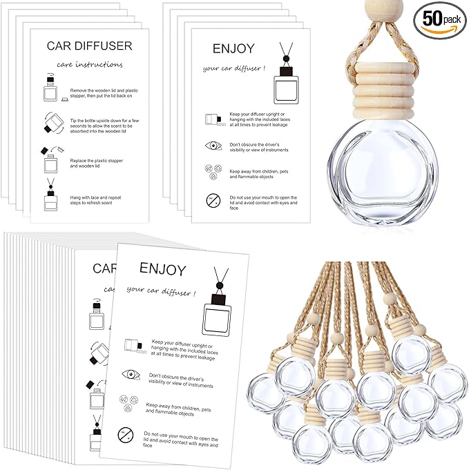 Boao 50 Sets Hanging Car Air Freshener Diffuser Bottles with 2 x 3.54 Inch Car Diffuser Instructions Cards for Empty Essential Oil Bottles(White Card,Round)