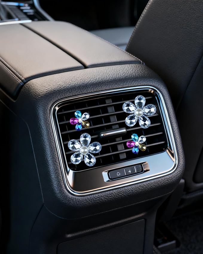 Bling Flower Car Accessories for Women Interior Aesthetic, Flower Decorative Vent Clips, Car Air Conditioner Clip Automotive Interior Decoration Fragrance-Free Aromatherapy Tablets, Add Your Own Scent
