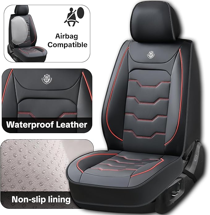 Universal Car Seat Covers, Black, Waterproof Faux Leather, Full 5-Seat Set, Non-slip, Contoured Fit, Suitable for Suvs, Sedans, Pickups, Upgraded Protection for Car Interiors, Airbag Compatible