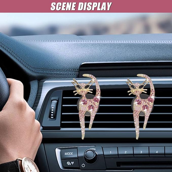 2PCS Car Vent Clips, Bling Cat Air Conditioning Outlet Clip, Crystal Rhinestone Auto Diffuser Perfume Clip, Cute Car Accessories for Women, Vehicle Interior Decoration (Pink)