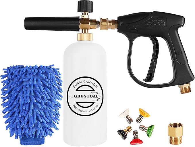 Short Pressure Washer Gun with Foam Cannon, Snow Foam Gun with 5 Pressure Washer Nozzle Tips, 1/4 Inch Quick Connector, 1 Liter, 3000 PSI