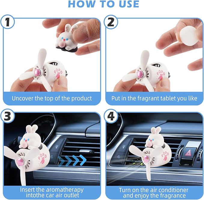 Car Air Freshener Cute Cartoon Rabbit Pilot Car Diffuser Rotating Propeller Automotive Air Outlet Fan Creative Car Perfume Decoration Cool Car Accessories