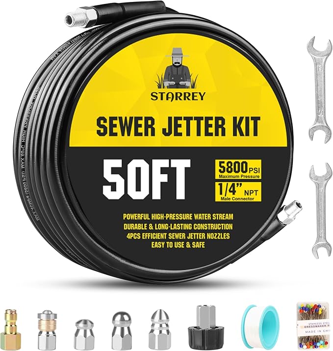Pressure Washer Drain Jetter – Sewer Jetter Kit for Pressure Washer 50ft 1/4 Inch NPT Hose Nozzles and Adapter 5800PSI Clears Clogs in Pipes & Sewer Lines