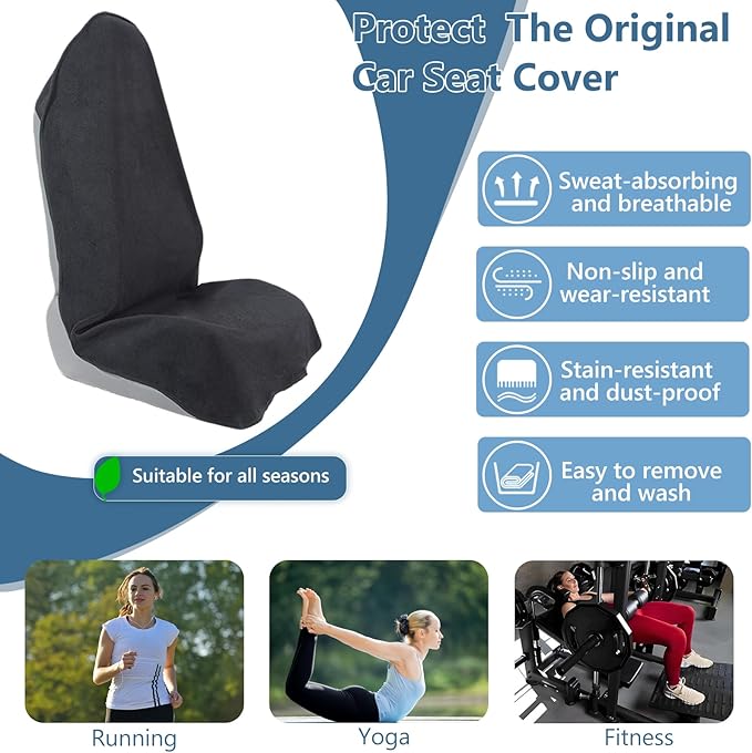Towel Car Seat Covers - Super Absorbent Front Seat Protectors for Gym, Pets & Travel | Quick-Dry Towel Fabric | Universal Non-Slip Fit for Sedan, SUV, Truck (1 Pack Black)