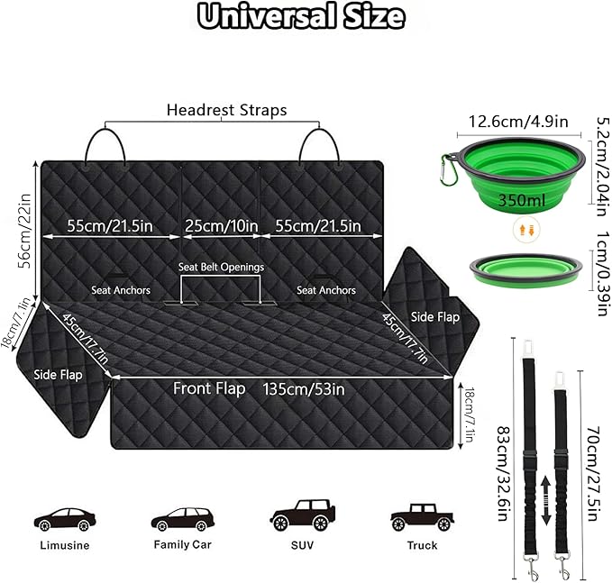 SNZ Waterproof Dog Car Seat Cover for Back Seat, Pet Seat Protector with Non-Slip Backing & Fashion Pattern, Fits Cars Trucks SUVs Universal Bench Seat Cover Incidentally Dog Seat Belt 3 Piece Set