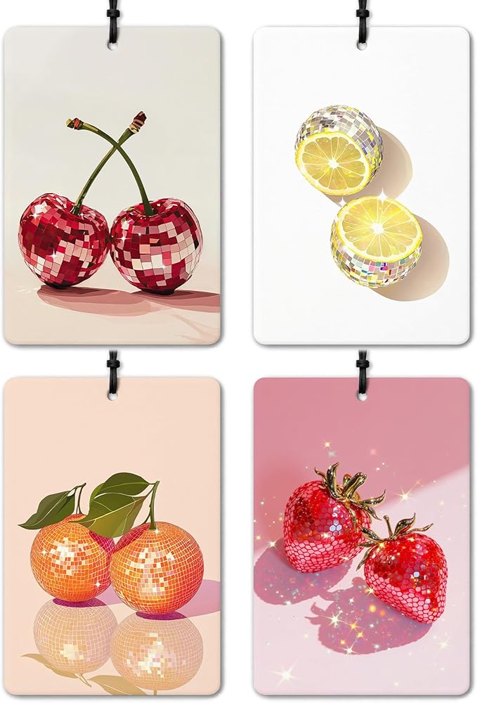 Trendy Coquette Disco Ball Fruit Car Air Freshener 4 Pcs, Funky Glitter Cherry Lemon Orange Strawberry Air Freshener Hanging for Cars Books Closet Drawer, Girly Car Accessories for Women