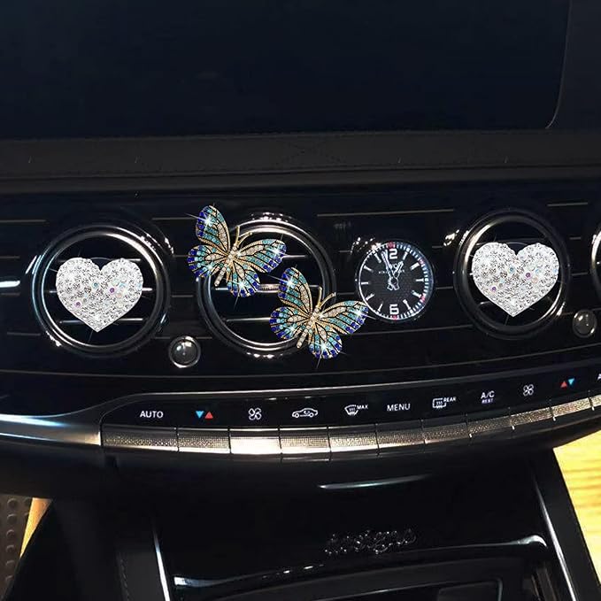 Bling Heart Butterfly Air Freshener Clips, 4 Pcs Car Vent Diffuser, Rhinestone Decoration, Cute Interior Accessories for Women (Blue)