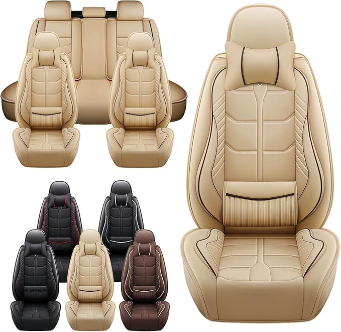 Leather Car Seat Covers Fit for Toyota C-HR CHR 2018-2024, 5 Seater Car Seat Cover, Premium Waterproof, Scratch Resistant Car Interior Accessories (Full Set with Pillow Beige)