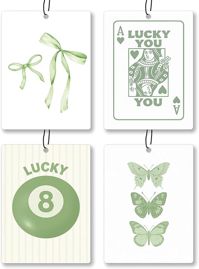 Trendy Sage Green Bow Car Air Freshener 4 Pcs - Coquette Bow Lucky 8 Ball Queen Card Butterfly Hanging Air Freshener 4 Pcs for Cars Closet Drawer Books, Girly Car Accessories Mirror Decor for Women