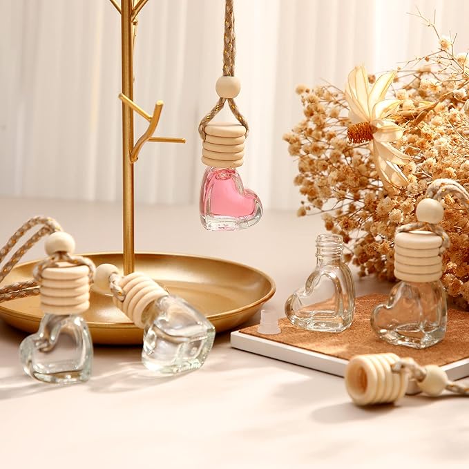 100 Pcs 6ml Hanging Car Diffuser Bottle Empty Glass Perfume Air Freshener Heart Love Bottle Diffuser Pendant Valentine's Day Essential Oil Fragrance Aromatherapy Ornament (Clear)