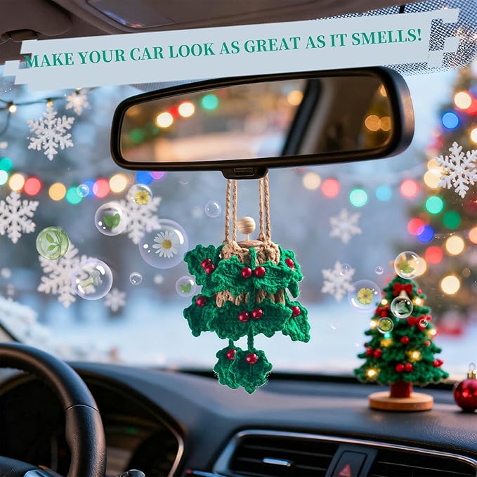 Handmade Crochet Car Air Freshener - Crochet hanging holly plants with 12ml Empty Refillable Oil Diffuser Bottle, Green Car Accessory for Mirror Decor and Home Decor