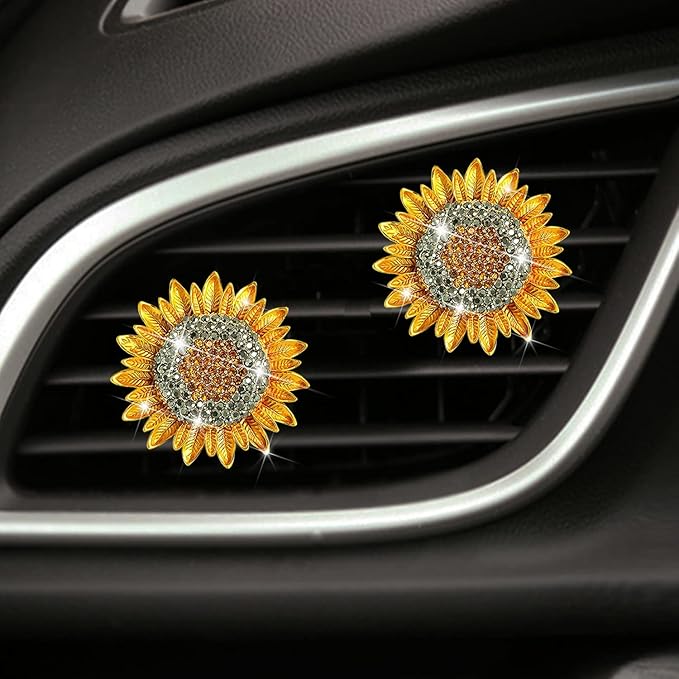 Bling Sunflower Air Vent Clips, Golden Sunflower Car Air Fresheners Vent Clips Diffuser Diamond Car Decoration Rhinestone Interior Decor Cute Accessories for Women Girls