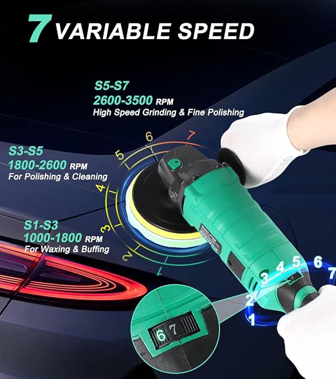Buffer Polisher, 1600W 7 Inch/6 Inch Pure Copper Motor Car Buffers and Polishers Kit, 7 Variable Speeds 1000-3500 RPM Car Polishers and Buffers, Ultra-long Cord for Car Boat Polishing Waxing.
