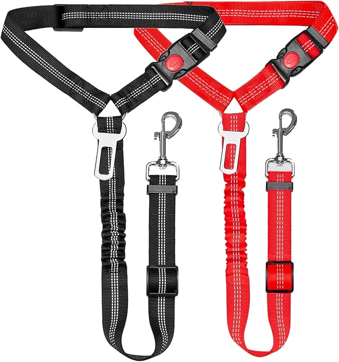 Removable Dog Seat Belt Harness for Car, 3 in 1 Pet Car Seatbelt Leash, Retractable Restraint Secures to Vehicle Headrest & Adjustable Reflective Dog Seatbelt Tether (Red&Black, 2pcs)