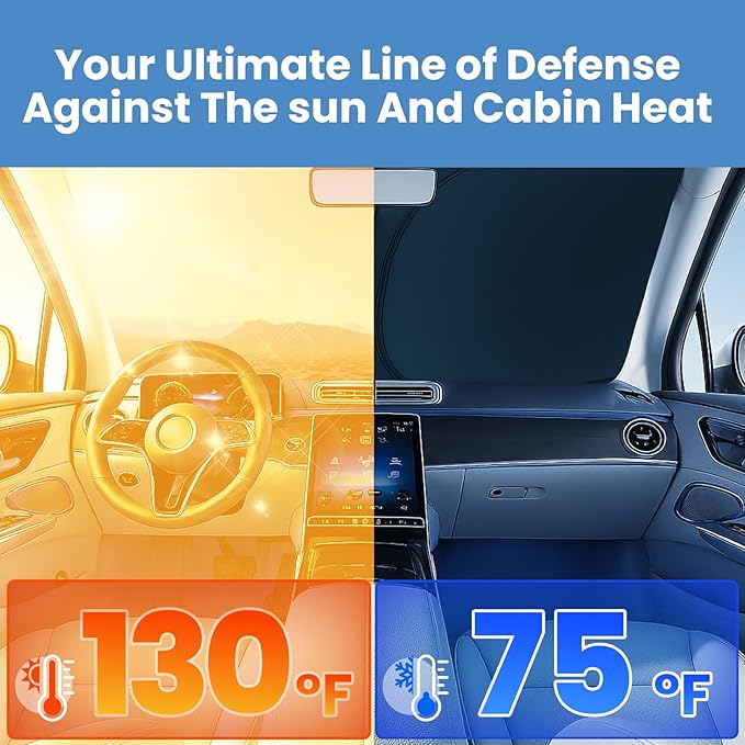 Windshield Sun Shade for Dodge RAM 1500 2019-2023 2024 2025 – Custom Fit Sun Shield with Mirror Cut‑Out, Blocks Heat & UV, Foldable with Storage Pouch - Dodge RAM Windshield Sunshade