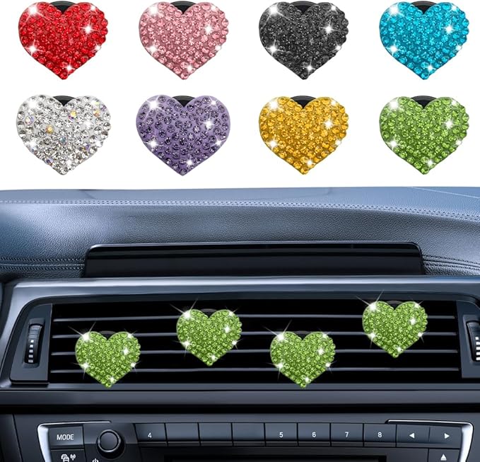 4PCS Heart-Shaped Car Vent Clip with Rhinestone, Vent Clip Car Accessories, Sparkly Rhinestone Bling Diamond Freshener Holder, Air Conditioning Outlet Ornament for Women Girls (Green, Style1)