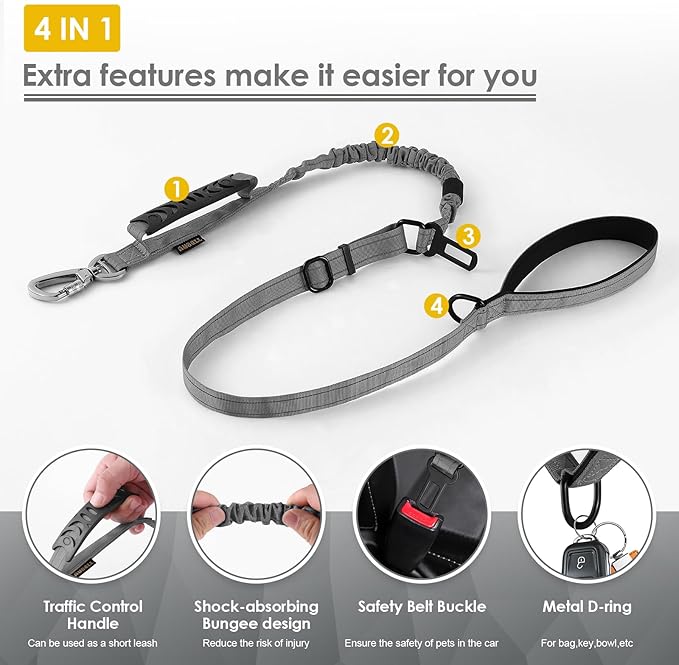 AUBELL Tactical Dog Leash Heavy Duty,4-6ft Reflective Strong No Pull Bungee Leash for Small Dogs with Comfortable Padded Double Handle,Car Seat Belt,360 Degree Rotating Carabiner,Grey