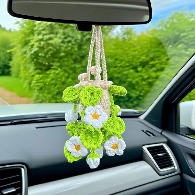 Handmade Crochet Hanging Essential Oil Diffuser Plant for Car Air Freshener | Cute Décor Knitted Succulent Fresheners for Refillable Scent Oils Holder Deffusers (Daisy)