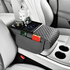 Car Armrest Pad with Built-in Induction Charging, Leather Center Console Cushion with 15W Power Pad, Dual Cup Holders, Storage Pockets - Grey
