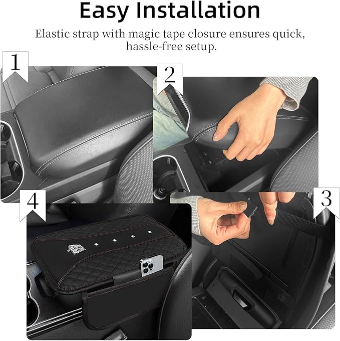 NBTEPEM Bling Crown Car Center Console Armrest Cover, Leather Middle Console Cover Cushion with 2 Storage Bags, Car Armrest Storage Box Interior Accessories for Most Vehicles(Black)