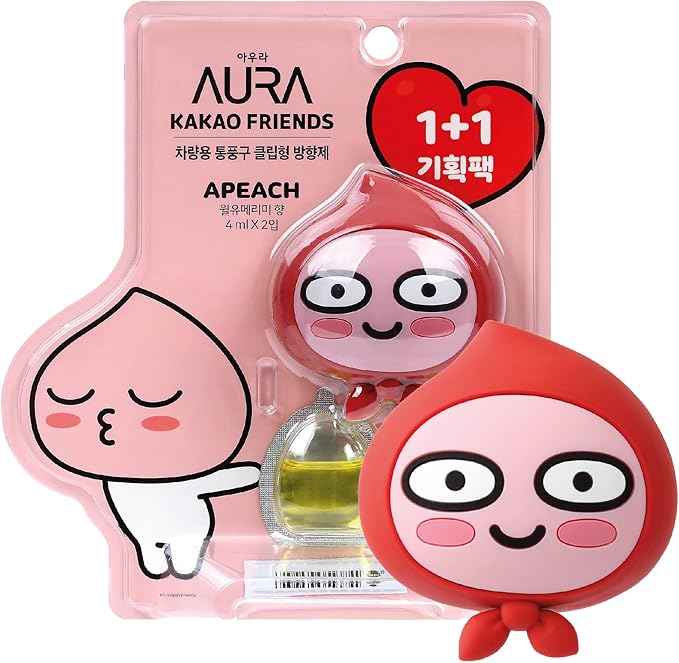 AURA Car Air Freshener Vent Clip, Apeach (Will You Marry Me, 0.14fl oz*2, Pack of 2) - Long-Lasting Odor-Fighting Scent. Kakao Friends Figurine. Car Decoration Accessories, Diffuser, Absorber