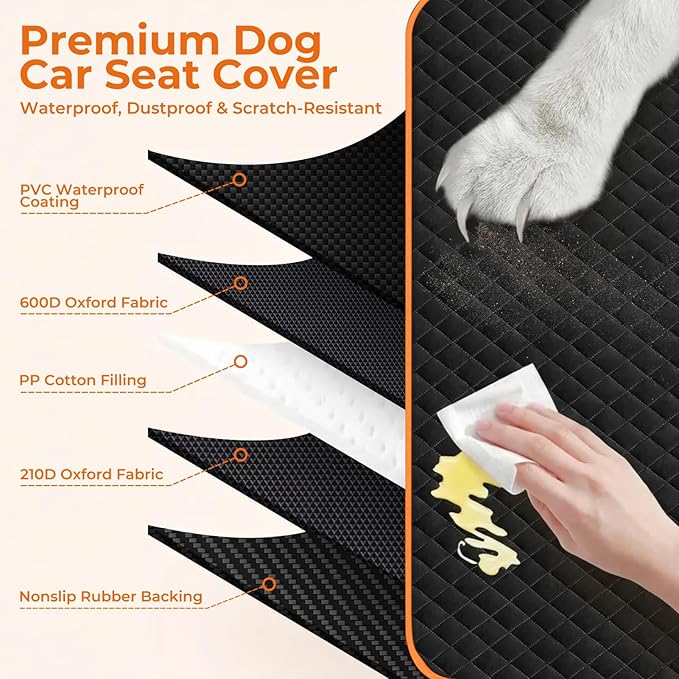 Dog Car Seat Cover for Pets Waterproof Seat Cover Hammock Nonslip Durable 600D Heavy Duty Scratch Proof Soft Back Seat Covers for Cars Trucks and SUVs