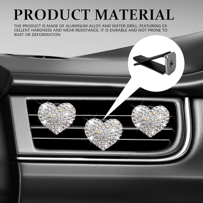 4PCS Heart-Shaped Car Vent Clip with Rhinestone, Vent Clip Car Accessories, Sparkly Rhinestone Bling Diamond Freshener Holder, Air Conditioning Outlet Ornament for Women Girls (White, Style1)