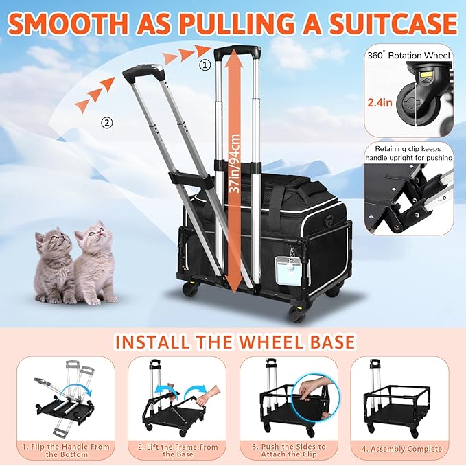 Petskd Top-Expandable Small Pet Carrier with Wheels(18" L x 11" W x 11" H), Delta/American/United Airlines Approved, Rolling Pet Carrier for Small Dogs & Cats (Black)