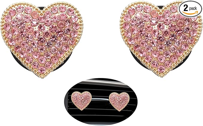 Pink Heart Air Vent Clips Car Air Freshener 2pcs Bling Rhinestone Girly Heart Car Decor for Women Car Interior Decorations