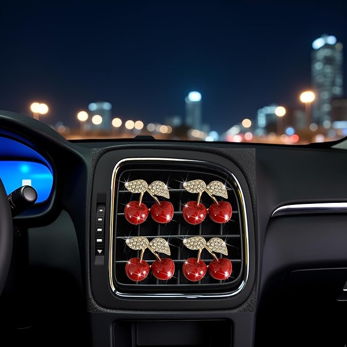 4Pcs Cherry Car Air Vent Freshener Perfume Clip, Rhinestone Air Outlet Fragrance Perfume Clip Freshener, Car Decor（Cherry Flavour）