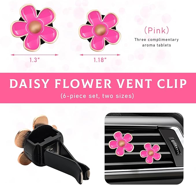 6PCS Car Air Vent Clip, Daisy Flower Auto Scents Air Freshener Clip with 6 Fragrance Piece, Decorative Auto Air Conditioning Clip for Women Girl, Universal Car Accessories (Pink)